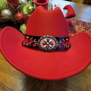 A755 New Embellished Red Felt Embroidered Leather Band and Edges Cowboy/Cowgirl